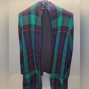 Lands End Plaid Cardigan Sweater 2X Black  Green  Long Sleeve Open Front Pockets
